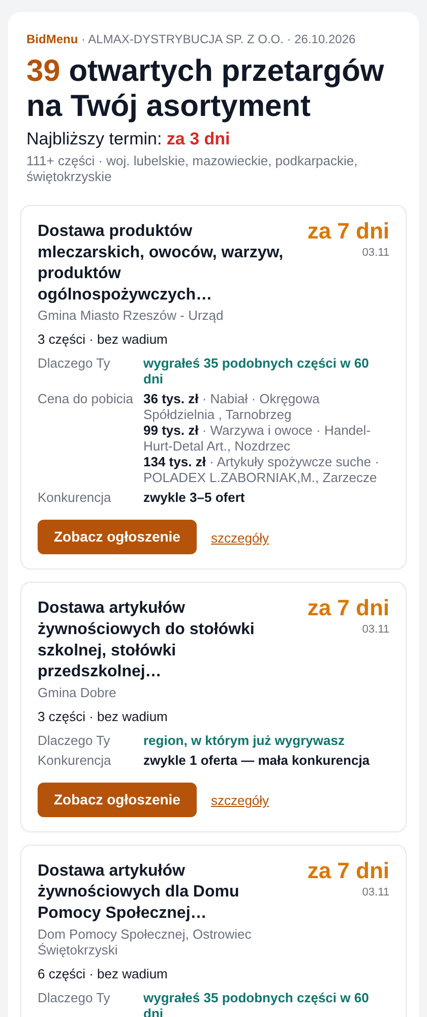 Przykładowy poranny raport na telefonie